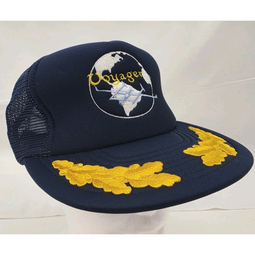 Vintage Voyager Trucker Hat Snapback Navy Mesh Gold Leaf Pilot Aviation Cap USA‎